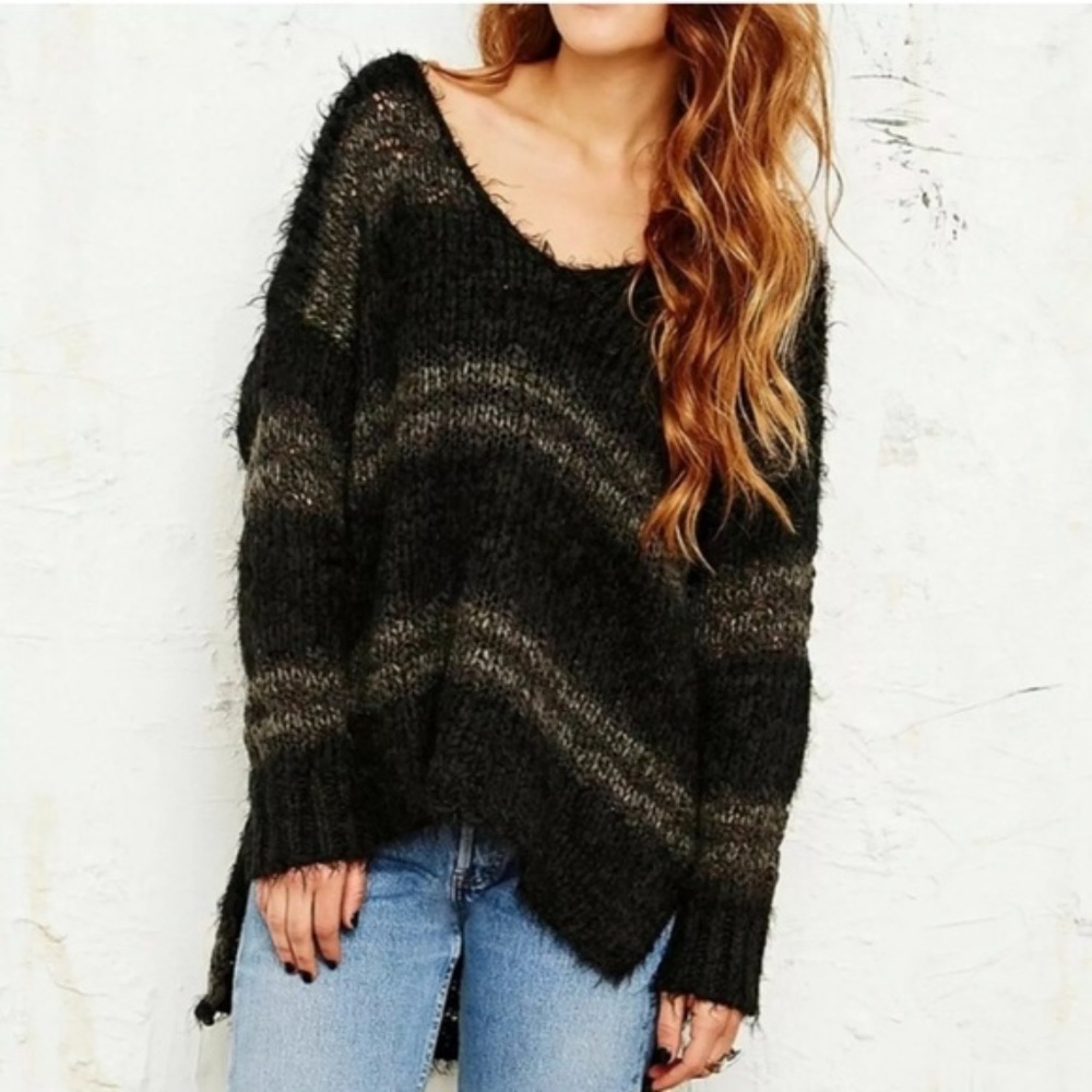 Free People Linus Stripe Oversized Sweater Black